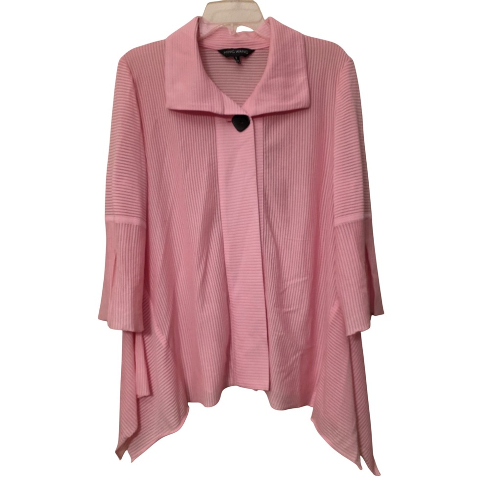 Ming Wang Pink Ribbed Single Button Sharkbite Hem Cardigan Jacket Womens L
